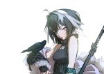  1girl absurdres ahoge animal_on_arm arknights bare_shoulders bird bird_on_arm black_eyes black_hair blood blood_on_face breasts coat crow feather_hair fingerless_gloves from_side fur-trimmed_coat fur_trim gloves hair_intakes hair_ornament hairband highres holding holding_scythe infection_monitor_(arknights) la_pluma_(arknights) looking_at_viewer medium_breasts off_shoulder open_clothes open_coat scythe shirt short_hair sidelocks simple_background sleeveless sleeveless_shirt solo upper_body white_background white_hairband yakumo_crack 