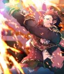  belt blue_eyes brown_hair cannon commentary facial_hair fate/grand_order fate_(series) fire firing goatee grin male_focus medal napoleon_bonaparte_(fate/grand_order) smile solo sparks torn_clothes tsuedzu 