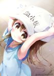  armpits arms_up bangs blue_shirt blurry blurry_background blush brown_eyes brown_hair character_name closed_mouth clothes_writing commentary_request depth_of_field flat_cap flying_sweatdrops hair_between_eyes hands_on_headwear hat hataraku_saibou long_hair looking_at_viewer neki_(wakiko) platelet_(hataraku_saibou) shirt short_sleeves solo twitter_username very_long_hair wavy_mouth white_hat 
