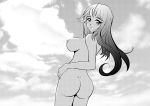  90s absurdres ass breasts greyscale highres long_hair looking_at_viewer monochrome nipples original ps98 self_upload sky smile solo 