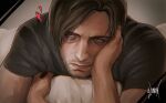  1boy aegyo_sal beard_stubble black_shirt blue_eyes brown_hair curtained_hair facial_hair highres hugging_object leon_s._kennedy looking_at_viewer male_focus pillow pillow_hug pov pov_hands resident_evil resident_evil_requiem shirt short_hair smile stubble t-shirt toned toned_male upper_body zombiyh 