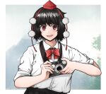  1girl :d black_hair black_skirt border bow bowtie buttons camera collared_shirt commentary_request dress_shirt hand_up hat holding holding_camera light_blush looking_at_viewer mountain open_mouth outside_border pi-nattus red_bow red_bowtie red_eyes red_hat shameimaru_aya shirt shirt_tucked_in short_hair skirt sleeves_rolled_up smile solo tokin_hat touhou tree upper_body white_border white_shirt 