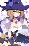  1girl black_gloves blush book breasts brooch brown_hair capelet chest_jewel cleavage corset dress floating floating_book floating_object flower gem genshin_impact gloves green_eyes grimoire hair_between_eyes hair_ornament hat hat_belt hat_flower highres jewelry large_breasts lisa_(genshin_impact) long_hair looking_at_viewer multicolored_dress open_book purple_capelet purple_corset purple_flower purple_gem purple_hat purple_rose qixi_cui_xing rose simple_background smile solo thighhighs white_background witch witch_hat 
