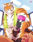  2018 anthro biceps bulge clothing feline fur giraffe_(artist) lam-chan male mammal muscular muscular_male pecs pink_nose stripes tiger towel whiskers 
