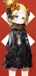  abigail_williams_(fate/grand_order) alternate_hairstyle bandaid_on_forehead bangs belt black_bow black_jacket blonde_hair blue_eyes blush bow commentary_request fate/grand_order fate_(series) forehead hair_bow hair_bun heroic_spirit_traveling_outfit high_collar jacket long_hair looking_at_viewer orange_bow parted_bangs polka_dot polka_dot_bow red_background ringozaka_mariko simple_background sleeves_past_fingers sleeves_past_wrists solo thighs x 