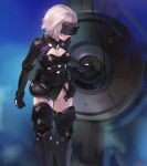  absurdres armor black_armor black_legwear black_leotard blue_background boots breasts covered_eyes fate/grand_order fate_(series) gloves gorget highres leotard looking_to_the_side mash_kyrielight medium_breasts ortenaus pink_hair shield short_hair solo standing thighhighs vr_visor yang-do 