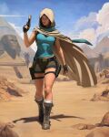  1girl absurdres arm_at_side bare_arms bare_legs belt blue_scarf blue_shirt boots breasts brown_boots brown_cloak brown_eyes brown_hair brown_shorts clip_studio_paint_(medium) cloak cloud commentary dalejomej day desert english_commentary floating_cape gun hand_up highres holding holding_gun holding_weapon holster hood hood_up hooded_cloak lace-up_boots lara_croft large_breasts looking_at_viewer midriff_peek outdoors painterly pink_lips sand scarf shirt short_shorts shorts shoulder_holster sky sleeveless sleeveless_shirt sphinx thigh_holster tomb_raider walking weapon western_comics_(style) 