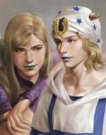  armband beanie beard blonde_hair blue_eyes blue_lips bridal_gauntlets collarbone facial_hair green_eyes green_lips gyro_zeppeli hand_on_another's_shoulder hat highres hood hood_down hoodie horse_print horseshoe_hat_ornament horseshoe_ornament johnny_joestar jojo_no_kimyou_na_bouken long_hair looking_at_another medium_hair missing_headwear purple_armband purple_bridal_gauntlets purple_shirt shirt short_sleeves star_(symbol) star_print steel_ball_run tinh_daubuoi white_hat white_hoodie 