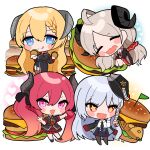  +_+ 4girls :3 :d :q ahoge akari_(blue_archive) black_dress black_hat black_horns black_jacket black_necktie black_pantyhose black_shirt black_shoes blonde_hair blue_archive blue_eyes blue_hair blue_skirt blush_stickers bow braid brown_thighhighs bunnyjiry_(jirynyang) burger chibi chibi_only closed_eyes closed_mouth collared_shirt commentary double-parted_bangs double_horizontal_stripe dress drooling english_commentary flag food full_body garter_straps gourmet_research_society_(blue_archive) grey_hair grey_horns hair_between_eyes hair_bow hair_ornament hair_scrunchie hand_up hands_up haruna_(blue_archive) hat heart highres holding holding_burger holding_food horns izumi_(blue_archive) jacket jacket_on_shoulders junko_(blue_archive) long_hair long_sleeves looking_at_viewer lying miniskirt multiple_girls neck_ribbon necktie no_shoes on_side open_clothes open_jacket open_mouth orange_bow pantyhose parted_bangs pink_eyes pink_pupils plaid_clothes plaid_skirt pleated_skirt red_eyes red_hair red_necktie red_ribbon red_scrunchie red_skirt ribbon scrunchie shirt shoes short_sleeves signature simple_background skirt sleeping smile standing striped_clothes striped_skirt taiyaki thighhighs tongue tongue_out twintails untucked_shirt v-shaped_eyebrows very_long_hair w wagashi white_background white_shirt wide_sleeves 