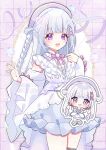  1girl :3 :d absurdres bare_shoulders blue_skirt blunt_bangs blush braid character_request chibi commentary_request copyright_request cowboy_shot detached_sleeves double_bun english_commentary grey_hair grid_background hair_bun hands_up hat heart highres long_hair long_sleeves mixed-language_commentary multiple_views open_mouth pink_background pink_hat pixelated purple_eyes shirt skirt sleeveless sleeveless_shirt smile solo sparkle twin_braids wataco_coco watermark white_shirt white_sleeves wide_sleeves 