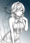  absurdres bad_link bubblebebe_(artist) dress earrings evening_gown finger_to_mouth highres indie_virtual_youtuber jenni_(bubblebebe) jewelry mole mole_under_eye necklace one_eye_closed pearl_dress pearl_earrings pearl_necklace simple_background smile virtual_youtuber 
