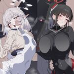  0haribo0 2boys 2girls against_glass black_bodysuit black_hair black_halo blue_archive bodysuit breast_press breasts breasts_on_glass bright_pupils brown_jacket censored cheek_on_glass cleft_of_venus clothed_female_nude_male commentary_request covered_navel cropped_jacket earclip faceless faceless_male grabbing_another's_ass grey_hair groping halo hand_on_glass heart heavy_breathing hetero himari_(armed)_(blue_archive) himari_(blue_archive) impossible_bodysuit impossible_clothes jacket large_breasts latex latex_bodysuit long_hair looking_at_viewer mole mole_under_eye mons_pubis mosaic_censoring multicolored_halo multiple_boys multiple_girls nude official_alternate_costume official_alternate_hairstyle open_clothes open_jacket open_mouth pointy_ears ponytail purple_eyes pussy pussy_cutout pussy_juice pussy_juice_trail red_eyes ringed_eyes rio_(armed)_(blue_archive) rio_(blue_archive) sex sex_from_behind small_breasts sweat teeth torn_bodysuit torn_clothes tsurime upper_teeth_only very_long_hair white_bodysuit white_halo white_pupils wide_hips 
