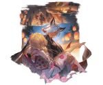  1boy 1girl barefoot black_kimono blonde_hair blue_eyes carrying crowd dark_skin djeeta_(granblue_fantasy) erune eustace_(granblue_fantasy) geta granblue_fantasy hair_over_one_eye hand_on_another's_back hand_on_another's_thigh hetero japanese_clothes kimono lantern looking_at_another medium_hair minaba_hideo multiple_views night obi_bow official_art one_eye_covered orange_light outdoors paper_lantern parted_lips pink_kimono princess_carry road short_hair sky standing street tree white_hair 