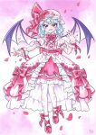  1girl alternate_costume back_bow bat_wings blue_hair bow bowtie commentary dress dress_flower falling_petals fangs floral_print flower frilled_wrist_cuffs frills full_body hat hat_flower looking_at_viewer medium_hair miy_001 open_mouth pantyhose petals pink_dress pink_eyes pink_flower pink_hat pink_nails pink_petals pink_rose pink_shoes pink_wrist_cuffs print_pantyhose puffy_short_sleeves puffy_sleeves remilia_scarlet rose rose_print shoes short_sleeves smile solo touhou untranslatable_commentary white_pantyhose wings wrist_cuffs 