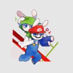 1:1 2023 anthro backwards_hat bent_legs black_facial_hair black_mustache blue_clothing blue_eyes blue_overalls blush button_(fastener) carrying_another closed_smile clothed clothed_anthro clothed_male clothing colored crossover digital_drawing_(artwork) digital_media_(artwork) duo facial_hair featureless_legs fully_clothed fully_clothed_anthro fully_clothed_male furrowed_eyebrows green_clothing green_hat green_headwear green_shirt green_topwear hand_on_own_head hat headgear headwear lagomorph light lighting long_ears looking_at_another looking_back looking_back_at_another male male_anthro mammal mario_bros mario_plus_rabbids_kingdom_battle mario_plus_rabbids_sparks_of_hope mitten_hands mouth_closed multicolored_body mustache nintendo no_eyebrows no_pupils noseless overalls pawpads rabbid rabbid_luigi rabbid_mario raving_rabbids rayman_(series) red_clothing red_hat red_headwear renballball running shaded shirt shirtless_anthro shirtless_male simple_background smile smiling_at_another star_(shape) straight_arm tan_body tan_eyelids tan_pawpads tan_skin topwear tuft two_tone_body ubisoft white_background