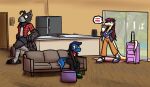 2026 anthro appliance avian beak bird black_claws blue_body blue_clothing blue_eyes blue_footwear blue_pupils blue_scales blue_shirt blue_shoes blue_topwear blush bottomwear checkered checkered_clothing checkered_shirt checkered_topwear claws clothed clothing corvid corvus_(genus) crow digit_ring feathers feet female footwear fridge furniture gloves green_clothing green_footwear green_gloves green_handwear green_shoes grey_beak grey_body grey_clothing grey_feathers grey_shirt grey_sweater grey_topwear group hair hands_together handwear jewelry kerchief kitchen_appliance lizard long_tail looking_away luggage male markings necklace nervous open_clothing open_shirt open_topwear orange_bottomwear orange_clothing orange_pants oscine pants passerine pattern_clothing pattern_shirt pattern_topwear pupils purple_body purple_markings purple_scales raised_hand red_clothing red_hair red_kerchief red_shirt red_topwear reptile ring scales scalie scuted_legs scutes shirt shoes sink sitting snake sofa speaker speech_bubble stated_homosexuality stated_sexuality sweater tail tail_feathers talons toe_claws toes topwear trans_(lore) trans_woman_(lore) trio ulti_(ultilix) ultilix wedding_ring white_body white_clothing white_scales white_shirt white_topwear yellow_body yellow_scales yellow_sclera