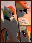  2018 anus blue_fur brown_fur comic dialogue earth_pony english_text equine female feral friendship_is_magic fur hair hioshiru horse looking_at_viewer looking_back mammal multicolored_hair multicolored_tail my_little_pony pegasus pony pussy pussy_juice rainbow_dash_(mlp) rainbow_hair rainbow_tail red_eyes solo speech_bubble standing text wings 