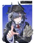  1girl :3 absurdres arknights bird_girl black_hair check_commentary chinese_commentary closed_mouth coat commentary_request flat_cap fur-trimmed_coat fur_trim gn_tuituji hair_over_one_eye hat head_wings highres looking_at_viewer neck_ribbon pointy_ears purple_eyes red_ribbon ribbon solo ukusik_(arknights) wings 