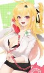 1girl absurdres ahoge alternate_costume arrow_(symbol) black_bra black_skirt blonde_hair blush bra breasts chalky_(zenless_zone_zero) cissia_(zenless_zone_zero) cleavage collarbone commentary corded_phone cowboy_shot fangs fingernails green_background hair_between_eyes hair_ornament hairclip highres holding holding_phone jinya large_breasts long_hair looking_at_viewer open_mouth partially_unbuttoned pencil_skirt phone pink_nails pom_pom_(clothes) pom_pom_hair_ornament red_eyes shirt skirt snake two-tone_background underwear untranslatable_commentary white_background white_shirt white_snake zenless_zone_zero 
