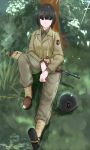  absurdres black_eyes black_hair bob_cut commentary_request dated gun headwear_removed helmet helmet_removed highres looking_at_viewer m1_carbine m1_helmet military military_uniform original rifle shiden21gata short_hair sitting solo uniform weapon world_war_ii 