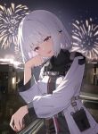  1girl absurdres aerial_fireworks breasts commentary_request cup fireworks girls'_frontline hand_up highres holding holding_cup jacket load_bearing_vest long_sleeves looking_at_viewer medium_breasts open_mouth outdoors purple_eyes resoap rpk-16_(girls'_frontline) short_hair smile tactical_clothes teeth upper_body upper_teeth_only white_hair white_jacket 