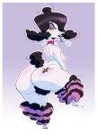  2017 anthro baphie big_butt black_hair breasts butt caprine digital_media_(artwork) ear_piercing female goth hair hair_over_eye lipstick looking_at_viewer looking_back makeup mammal nude on_one_leg piercing pubes rear_view sheep short_hair side_boob simple_background slb solo standing teeth thick_thighs wide_hips yellow_eyes 