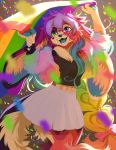  2018 akitamonster anthro breasts clothed clothing colorful digital_media_(artwork) female hair heterochromia lagomorph mammal navel open_mouth purple_hair rabbit smile solo tongue 