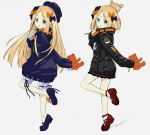  abigail_williams_(fate/grand_order) alternate_hairstyle bandaid_on_forehead bangs belt black_bow black_dress black_hat black_jacket blonde_hair bloomers blue_eyes blush bow commentary_request dress dual_persona fate/grand_order fate_(series) forehead full_body hair_bow hair_bun hat heroic_spirit_traveling_outfit high_collar holding holding_stuffed_animal index_finger_raised jacket kazuma_muramasa legs loafers long_hair looking_at_viewer multiple_views open_mouth orange_bow parted_bangs polka_dot polka_dot_bow shoes simple_background sleeves_past_fingers sleeves_past_wrists stuffed_animal stuffed_toy teddy_bear thighs underwear variations white_background white_bloomers 
