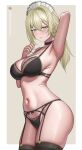  1girl absurdres arm_behind_head armpits black_bra black_choker black_garter_belt black_panties black_thighhighs blonde_hair border bra breasts choker closed_mouth commentary cow cowboy_shot double-parted_bangs english_commentary expressionless garter_belt girls'_frontline girls'_frontline_2:_exilium green_eyes grey_background hair_between_eyes hair_ornament hairclip highres holding_own_hair large_breasts lingerie long_hair looking_at_viewer maid_headdress makslus navel outside_border panties patreon_logo patreon_username sextans_(girls'_frontline_2) solo standing thighhighs underwear underwear_only web_address white_border 