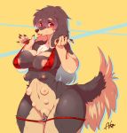  2018 5_fingers anthro areola breasts brown_fur canine chest_tuft clitoral_hood clitoris clothing dog female floppy_ears fur hair long_hair looking_at_viewer mammal missaka multi_breast navel nipples panties panties_down pussy pussy_juice red_eyes solo standing thick_thighs tongue tongue_out tuft underwear 