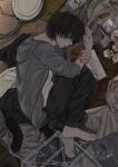  1boy bag black_eyes black_hair bloodshot_eyes curled_up full_body grey_jacket hand_on_own_wrist highres jacket lying male_focus messy_hair nnnnatsu_no on_floor on_side original parted_lips self-harm shirt short_hair single_sock socks solo trash used_tissue white_shirt wooden_floor wrist_cutting 