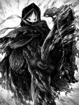  1girl absurdres alternate_breast_size_(larger) bodysuit breasts cameltoe commentary_request f.w.zholic fate/strange_fake fate_(series) greyscale highres hooded_robe kicking large_breasts leg_up looking_at_viewer medium_hair monochrome mouth_veil no_name_assassin_(fate) parted_bangs robe solo thighs veil 