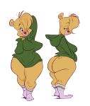  2017 anthro bear big_butt blonde_hair bottomless breasts butt clothed clothing digital_media_(artwork) disney female fur gummi_bears hair hair_over_eye half-closed_eyes hand_behind_head hoodie legwear looking_at_viewer looking_back mammal partially_clothed raised_arm rear_view red_nose slb slightly_chubby smile socks solo standing sunni_gummi sweater thick_thighs wide_hips yellow_fur 