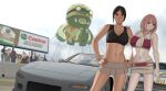  2girls absurdres ad_(object) amoemo billboard black_eyes black_hair blurry blurry_background breasts car character_balloon cleavage closed_mouth cloud cloudy_sky commentary commission contrapposto cowboy_shot criss-cross_straps crop_top crowd dark-skinned_female dark_skin english_commentary green_eyes hand_on_another's_shoulder hands_on_own_hips highres light_smile linea_alba looking_at_viewer mazda miniskirt motor_vehicle multiple_girls navel need_for_speed original outdoors parted_lips photo_shoot pink_hair race_vehicle racecar short_hair skirt sky turning_head 