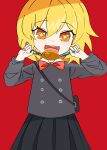  +_+ 1girl absurdres artist_request black_skirt blonde_hair bow bowtie child crime_prevention_buzzer crime_prevention_buzzer_threat don_quixote_(project_moon) english_commentary highres kindergarten_uniform limbus_company limbus_kindergarten_uniform nail_polish official_alternate_costume open_mouth orange_eyes project_moon red_background red_bow shukusei!!_loli-kami_requiem simple_background skirt solo traditional_bowtie 
