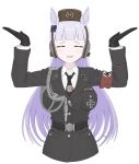  1girl aiguillette alternate_costume animal_ears armband black_cat03 black_gloves black_jacket blunt_bangs bow breasts closed_eyes commentary cropped_torso cross ear_bow facing_viewer furrowed_brow gloves gold_ship_(umamusume) grey_hair hands_up horse_ears horse_girl iron_cross jacket large_breasts long_hair military_uniform nazi open_mouth pillbox_hat red_armband shrugging smile solo ss_insignia swastika umamusume 