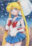  1girl :d \||/ absurdres back_bow bishoujo_senshi_sailor_moon blonde_hair blue_eyes blue_sailor_collar blue_skirt blush bow breasts building chikoto_(kztc4472) choker city cityscape cleavage collarbone commentary cowboy_shot crescent crescent_choker crescent_earrings double_bun earrings elbow_gloves full_moon gem gloves gold_tiara hair_bun hair_ornament hand_on_own_chest hand_up highres jewelry leotard lone_nape_hair long_hair looking_at_viewer magical_girl medium_breasts miniskirt moon night open_mouth outdoors outline paper_texture parted_bangs petals photo_(medium) pleated_skirt raised_eyebrows red_bow red_choker red_gem red_trim sailor_collar sailor_moon sailor_senshi_uniform short_sleeves skirt smile solo standing tiara traditional_media transformation_brooch_(sailor_moon) tsukino_usagi twintails very_long_hair white_gloves white_leotard white_outline white_petals 