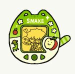  apple apple_slice chaojufei character_request closed_eyes commentary_request flower food fruit heart hijinrui_gakuen lcd object_focus simple_background smile snake tamagotchi tamagotchi_(virtual_pet) virtual_pet_(toy) white_background white_flower worm 