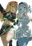  2girls absurdres bare_shoulders black_hairband blue_eyes blush braid commentary dress gakuen_idolmaster green_eyes grey_hair hairband half_up_braid highres holding_hands idolmaster katsuragi_lilja long_hair long_sleeves looking_at_another midriff mole mole_under_eye multiple_girls navel open_mouth orange_hair shiun_sumika short_hair shorts sidelocks simple_background smile tigger_drawing white_background white_dress 