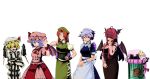  5girls absurdres apron arm_at_side arm_behind_head arm_tattoo arm_up ascot averting_eyes bandage_over_one_eye bandaged_head bandages bandaid bandaid_on_face barcode barcode_tattoo bat_wings biting_own_finger black_bow black_sclera black_shirt black_skirt black_thighhighs black_vest blonde_hair blue_bow blue_dress blue_hair blunt_bangs bow bowtie braid brain breasts brooch bubble cable center_frills cigarette closed_eyes closed_mouth collared_dress collared_shirt colored_sclera commentary_request covered_navel crescent crescent_hat_ornament cropped_vest crossed_arms crystal_wings curtained_hair dress facing_viewer flandre_scarlet frilled_apron frilled_shirt frilled_shirt_collar frilled_skirt frilled_wrist_cuffs frills green_hat green_skirt green_vest grey_hair hair_between_eyes hair_bow hair_over_one_eye hand_up hat hat_ornament highres hong_meiling in_container izayoi_sakuya jewelry koakuma large_breasts long_hair long_sleeves looking_at_viewer looking_to_the_side maid_apron maid_headdress mob_cap mouth_hold multiple_girls open_mouth overshirt own_hands_together parted_lips patchouli_knowledge pi-nattus pink_hat pink_shirt pink_skirt pointy_ears puffy_short_sleeves puffy_sleeves purple_hair red_ascot red_bow red_bowtie red_eyes red_hair red_wrist_cuffs remilia_scarlet restrained shirt short_hair short_sleeves simple_background single_wrist_cuff skirt skirt_set sleeves_past_wrists solo standing stitched_face stitches sweatdrop tattoo teeth thighhighs touhou twin_braids vest white_apron white_background white_hat white_headdress white_shirt white_wrist_cuffs wide_shot wing_covers wings wrapped_up wrist_cuffs 