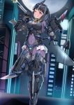  1girl absurdres black_hair bodysuit breasts commentary_request green_hair highres holding holding_sword holding_weapon impossible_bodysuit impossible_clothes impossible_leotard large_breasts leotard looking_at_viewer mecha_musume medium_hair mugitoro_(dsfv2277) multicolored_hair one_eye_closed original over_shoulder purple_eyes skin_tight sword sword_over_shoulder two-tone_hair weapon weapon_over_shoulder 