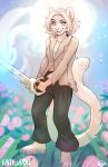  2018 anthro barefoot cat clothed clothing detailed_background digital_media_(artwork) feline female fur grass green_eyes hair holding_object holding_weapon kaitycuddle mammal melee_weapon pink_nose smile solo sword weapon white_fur white_hair 