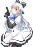  bangs blue_bow blush bow buttons dress elbow_gloves eyebrows_visible_through_hair girls_frontline gloves gun hair_between_eyes hair_bow handgun hands_up highres holding holding_gun holding_weapon long_hair looking_at_viewer open_mouth partly_fingerless_gloves red_eyes sidelocks silver_hair simple_background solo star striped striped_gloves striped_legwear thighhighs tokarev_(girls_frontline) tokarev_tt-33 weapon white_background white_dress yongheng_zhi_wu 