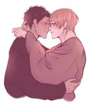  2boys aomine_daiki black_hair black_sweater blonde_hair blush carocchi commentary commentary_request dark-skinned_male dark_skin earrings english_commentary eye_contact grey_sweater hand_on_another's_back hand_on_another's_neck highres jewelry kise_ryouta kuroko_no_basuke long_sleeves looking_at_another male_focus multiple_boys parted_bangs piercing profile simple_background smile sweater white_background yaoi 