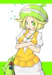  bel_(pokemon) blush collarbone commentary_request green_eyes green_hat hat looking_at_viewer messy_hair millipen_(medium) open_mouth pokemon pokemon_(game) pokemon_bw short_hair solo traditional_media tsundere watakei_(chichihanabe) 