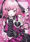  1girl :p @_@ arm_behind_back armlet bare_shoulders belt black_armlet black_belt black_hat black_nails black_skirt black_sleeves black_wings bone_hair_ornament chibana_sora chibi choker commentary cross-laced_clothes cross-laced_top cross_tattoo detached_sleeves dot_nose dutch_angle hair_ornament hand_on_own_chin hand_up hat heart highres jewelry light_blush long_hair looking_at_viewer melting_heart original pink_background pink_eyes pink_hair pink_theme plaid_clothes plaid_shirt pleated_skirt purple_shirt shirt sidelocks skirt skull_hair_ornament solo_focus spiked_armlet spiked_choker spikes standing striped_sleeves tattoo tongue tongue_out untranslatable_commentary watermark wings x_hair_ornament 