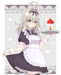  1girl alternate_costume antenna_hair apron black_dress black_ribbon blue_ribbon border closed_mouth commentary corrupted_twitter_file cowboy_shot dress food frilled_apron frills fruit grey_hair hair_intakes hair_ribbon highres holding holding_tray light_blush maid meitantei_precure! moria_luluka neck_ribbon parfait precure purple_eyes ribbon sizuki_haru solo sparkle strawberry tray twitter_username watermark white_apron white_border white_wrist_cuffs wrist_cuffs 