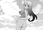  90s absurdres ass bottomless covered_nipples greyscale highres long_hair looking_at_viewer monochrome original ps98 self_upload sky solo unmoving_pattern 