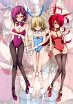  3girls absurdres animal_ears asami_makiko_(heaven_burns_red) blush breasts brown_hair commentary_request earrings embarrassed green_eyes hand_on_own_hip heaven_burns_red highres ikedashuhei jewelry multiple_girls nanase_nanami_(heaven_burns_red) playboy_bunny purple_hair rabbit_ears red_eyes red_hair short_hair small_breasts sweatdrop tezuka_saki yellow_eyes 