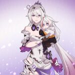  2girls artist_request baby bare_shoulders breasts cleavage clothing_cutout detached_collar detached_sleeves english_commentary frilled_sleeves frills gradient_hair grey_hair hair_between_eyes hair_ornament hairclip headpiece high_ponytail highres honkai_(series) honkai_impact_3rd hood hood_down jacket kiana_kaslana kiana_kaslana_(herrscher_of_finality) long_hair long_sleeves looking_at_viewer looking_to_the_side medium_breasts mother_and_child mother_and_daughter multicolored_eyes multicolored_hair multiple_girls original pants parent_and_child parted_lips ponytail purple_background purple_eyes second-party_source short_sleeves side_ahoge solo_focus star-shaped_pupils star_(symbol) streaked_hair suit symbol-shaped_pupils tiara 